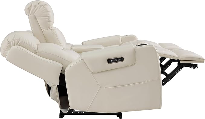 Watson & Whitely Genuine Leather Power Reclining Sofa, 3-Seater Lay Flat Recliner Sofa with Power Headrest, Cup Holders, USB & Type-C Ports, Electric Reclining Couch for Living Room, Cream