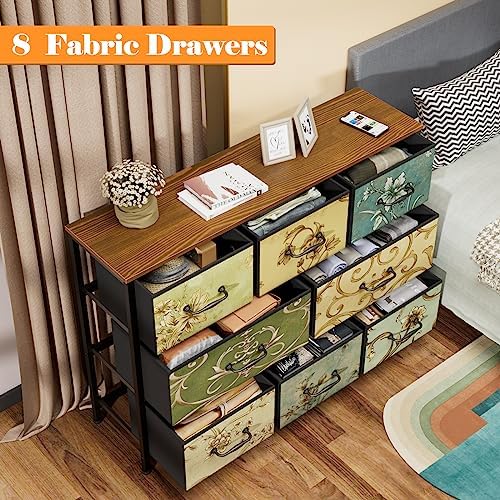 8 Drawer Dresser for Bedroom, Wide Vintage Fabric Chest of Drawers