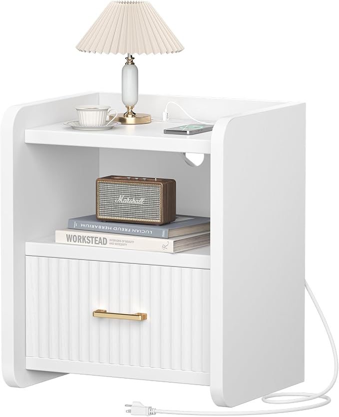 Night Stand with Charger Station - Modern Wood Nightstand with Drawer Storage, Fluted Wide Nightstands Bedside Table, Mid Century Night Stands for Bedroom Home Office Sofa, White