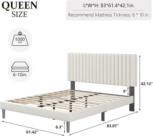 HAOARA Queen Size Platform Bed Frame with Velvet Upholstered Headboard, Queen Bed Frame with Strong Wood Slats, Box Spring Optional, Mattress Foundation, Easy Assembly Beige