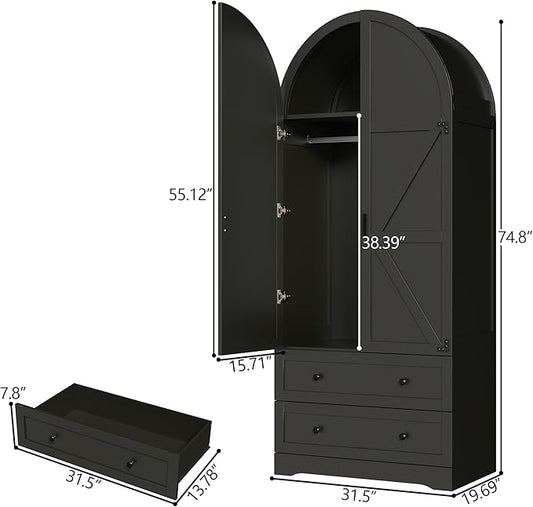 Black Armoire Wardrobe Closet,Wooden Wardrobe with 2 Doors and 2 Drawers,Bedroom Freestanding Armoire Storage Cabinet with Hanging Rack,Wardrobe Storage with with Hanging Rod for Bedroom, Cloak Room