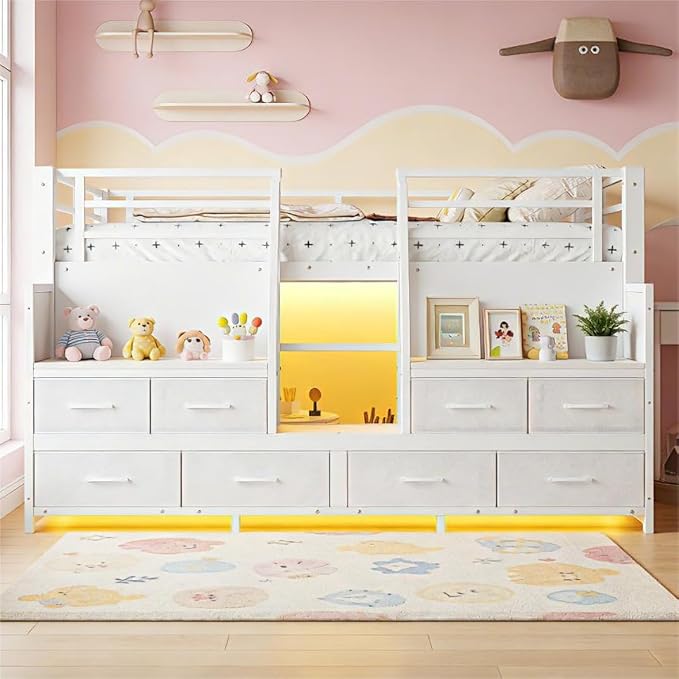 Bellemave Low Loft Bed Twin Size with Storage Shelves & Fabric Drawers, Metal Twin Loft Bed for Kids with LED Lights & Under-Bed Play Area, Low Loft Bed Frame for Bedroom, No Box Spring Needed, White