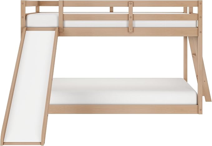 Grain & Grove Bear Twin Over Twin Bunk Bed with Slide, Low Bunk Bed Frame for Kids, Bunk with Ladder, Guardrail, and Slats, No Box Spring Required, Oak Embossed Natural