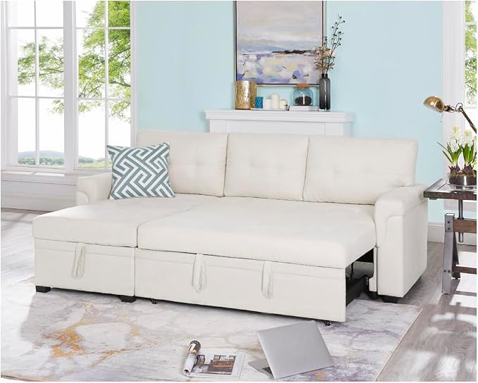 Naomi Home 84" L-Shaped Sectional Sleeper Sofa with Pull Out Bed | Sleeps Guests Comfortably, Stores Essentials in Chaise & Saves Space, Velvet, Cream Convertible Sofa Bed