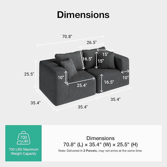 Novilla 70.8" Modular Sectional Sofa, Modern Cloud Sectional Couch with Smarts Coil® Support, Upholstered Boneless Couch for Living Room Apartments Bedroom, No Assembly Required, Dark Gray (Loveseat)