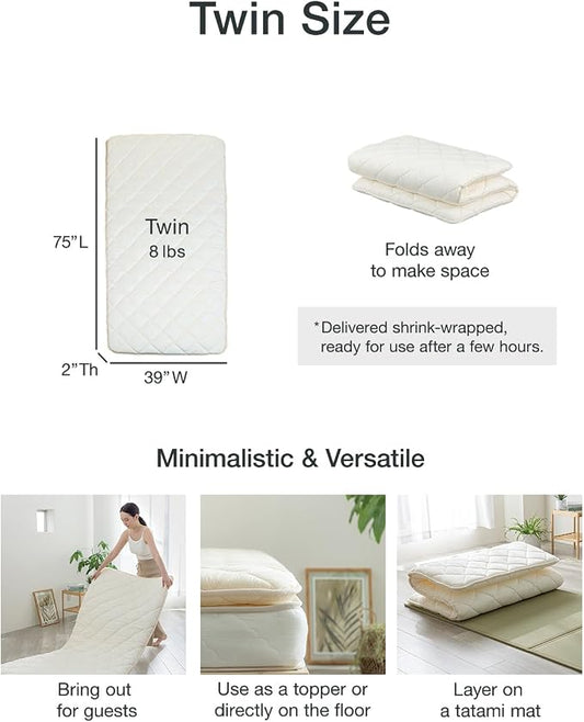 FULI Japanese Futon, Twin Size, White - Foldable Shikibuton Floor Bed - Medium Firm Quilted Cotton Sleeping Pad, Portable Roll-Up Japanese Floor Bed for Guests & Small Spaces
