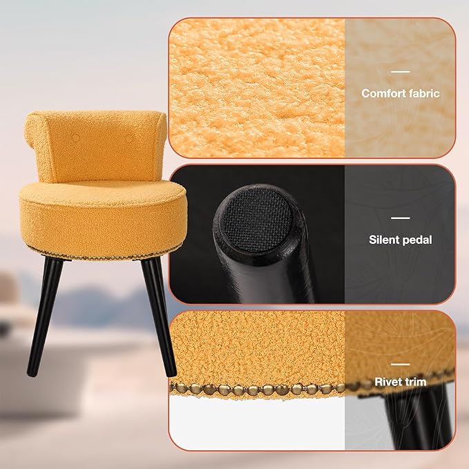 Vanity Chair with Back, Sherpa Stool with Tufted Backrest & Gold Nailhead Trim, Round Vanity Seat for Bedroom and Bathroom Makeup, Support 220lbs, Easy Assembly (Yellow)