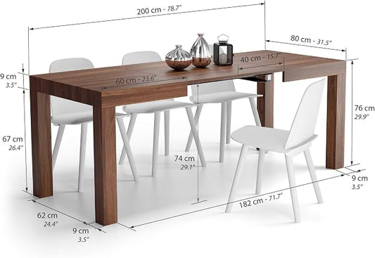 Mobili Fiver, First Extendable Table, 47.2(78.7) x31.5 in,Walnut, for 6-8 People, Expandable Dining Table for Kitchen, Living Room, Italian Furniture