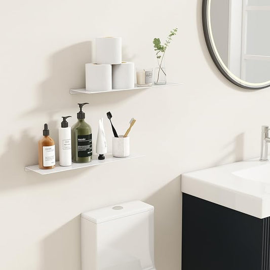 MKO 16" Floating Shelves for Wall, Metal Wall Mounted Shelf for Bathroom, Bedroom, Living Room, Kitchen, Hanging Shelves for Books/Storage/Room Decor 2 Packs, White