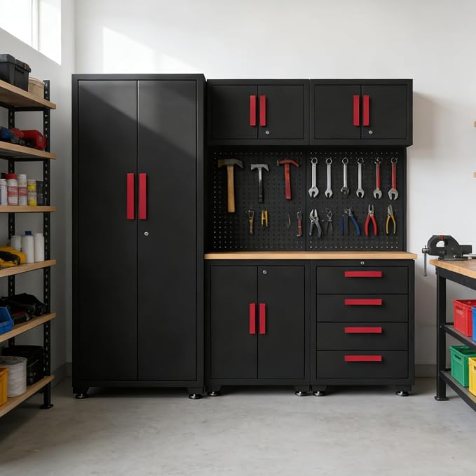 Garage Storage Cabinet System, 6-Pcs Garage Cabinets and Storage System Corner Workshop Set with Corner Cabinet, Cabinet Drawers, Workbench, Pegboard for Tool Organization, Black and Red