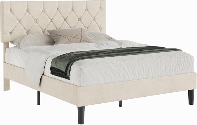 VECELO Queen Size Bed Frame with Diamond Tufted Headboard, Upholstered Platform Bedframe with Wood Slat Support, No Box Spring Needed, Pala Beige