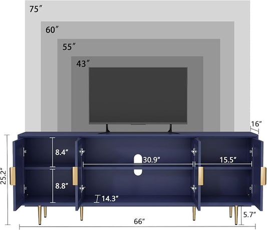 Blue TV Stand for TVs up to 75 Inch, 66" Modern Entertainment Center with Glass Door Storage, TV Cabinet Media Console for Living Room, Bedroom, Under TV Cabinet