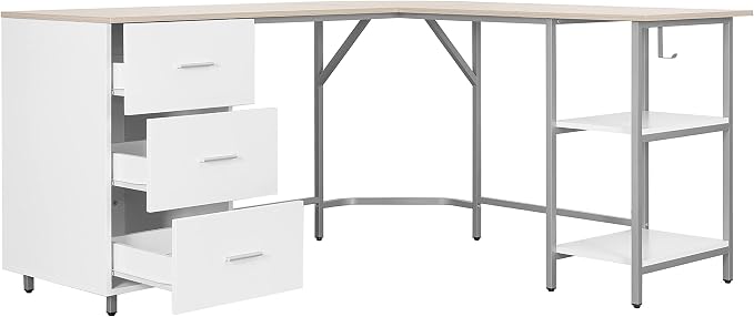 Techni Mobili L Shaped Desk - Two-Toned Computer Desk with Drawers & Storage Shelves - Simple Modern Furniture & Home Office Space Corner Table for Work & Writing | 59" two‑tone L‑shaped desk with storage shelves, durable frame, modern corner workstati...