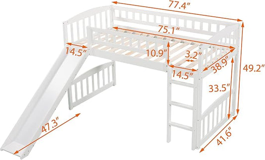 YOPTO Twin Size Loft Bed with Slide and Ladder,Multifunctional Solid Wood Bed Frame,w/Safety Guardrail & 14 Support Slats,No Box Spring Needed,for Kids, Teens, Girls, Boys,White