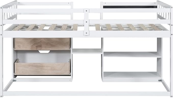 Bellemave Twin Size Low loft Bed for Kids,Wood Loft Beds,Modern Farmhouse Twin loft Bed,Loft Bed with Rolling Desk and Storage, Shelf and Drawers No Box Spring Needed,for Kids, White