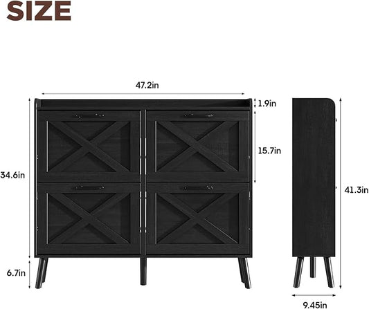 Maupvit Large Shoe Storage Cabinet with 4 Flip Drawers, Narrow Shoe Cabinet for Entryway with Wooden Legs, Freestanding Hidden Shoe Rack Organizer & Metal Hinges, Black