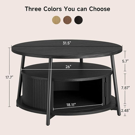31.5 Inch Round Coffee Table with Storage, Fluted Coffee Tables with 2 Tiers, Mid-Century Modern Center Table with 2 Sliding Doors and Adjustable Footpad for Living Room, Black