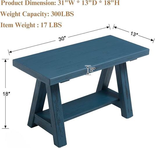 Farmhouse Wood Bench, Rustic Indoor Storage Bench Solid Wood Entryway Bench with Shoe Storage 2-Tier Narrow Bench Seat Indoor for Entryway, Living Room, Dining Room, Hallway, Blue