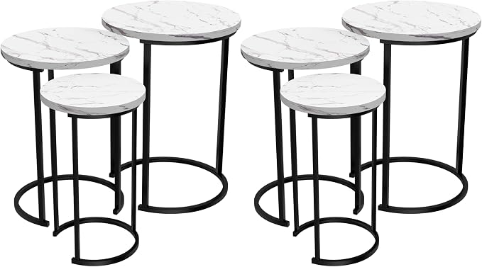 Lavish Home Nesting Tables - Set of 6 Space-Saving Round Side Tables with Faux Marble Tops – Modern Apartment Furniture Accent & End Table Set for Living Room, Bedroom, or Home Office (White)