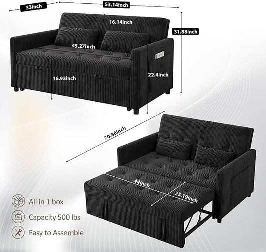 Sofa Bed, Loveseat 3-in-1 Sleeper Sofa with Pull Out Bed, Pockets and USB, Modern 2 Seater Convertible Small Couch for Living Room Bedroom Apartment (Black, Corduroy)