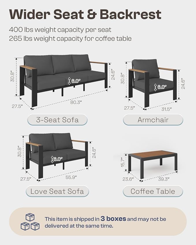 Aluminum Outdoor Patio Furniture Set with Coffee Table, 4 Piece Patio Conversation Sets with Washable Thick Cushions, Outdoor Sectional Furniture Set for Porch, Balcony, Deck, Yard, Graphite