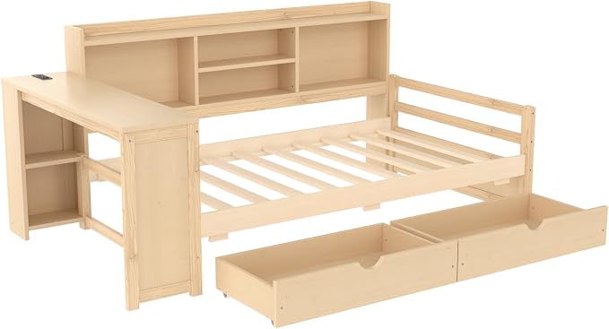 Bellemave Twin Size Corner Bed Frame with Storage Drawers and Desk,Captain L-Shaped Daybed with Bookcase,Corner Bed Frame Twin Size with Charging Station for Kids,Teens,Guests,Natural