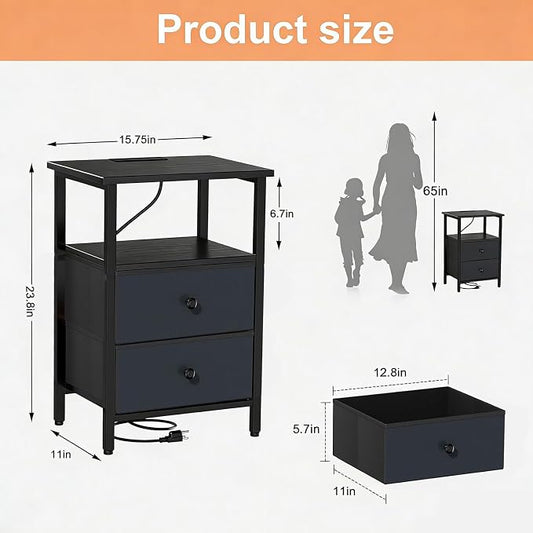 Nightstand with Charging Station, Bedside End Table with 2 Fabric Drawers for Bedroom, Side Table with USB Ports and Outlets (Black)