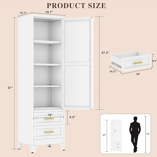 Tall Metal Narrow Storage Cabinet 67" H with 2 Drawer, White Pantry Cabinets with 2 Adjustable Shelves and Door,Tall Bathroom Cabinet for Kitchen, Home Office, Living Room, Dining Room