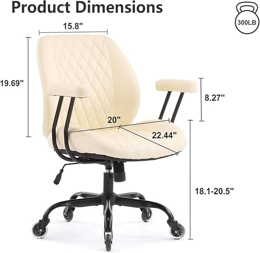 YFO Home Office Desk Chair Office Rubber Casters Ergonomic Computer Chair with Lumbar Support Adjustable Height Rolling Swivel Executive Task Armrests Chair, Cream Leather