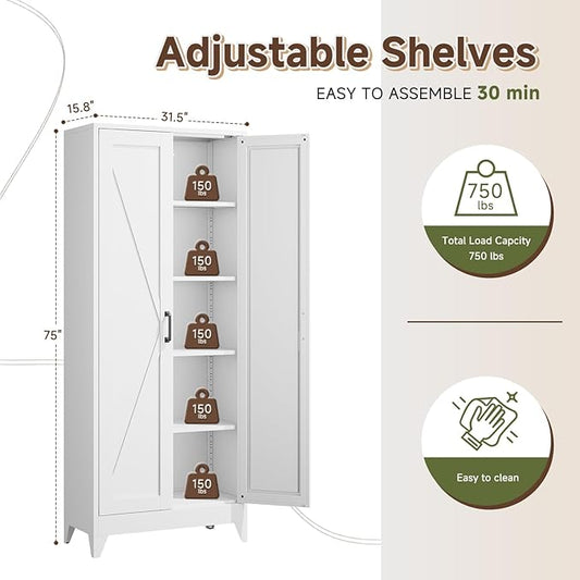 Letaya 75" H Metal Storage Cabinet with 2 Doors and 4 Shelves,Tall Kitchen Pantry Cabinets,Farmhouse Utility Pantry Organizers for Cupboard/Dining/Bathroom/Home Office/Garage,White