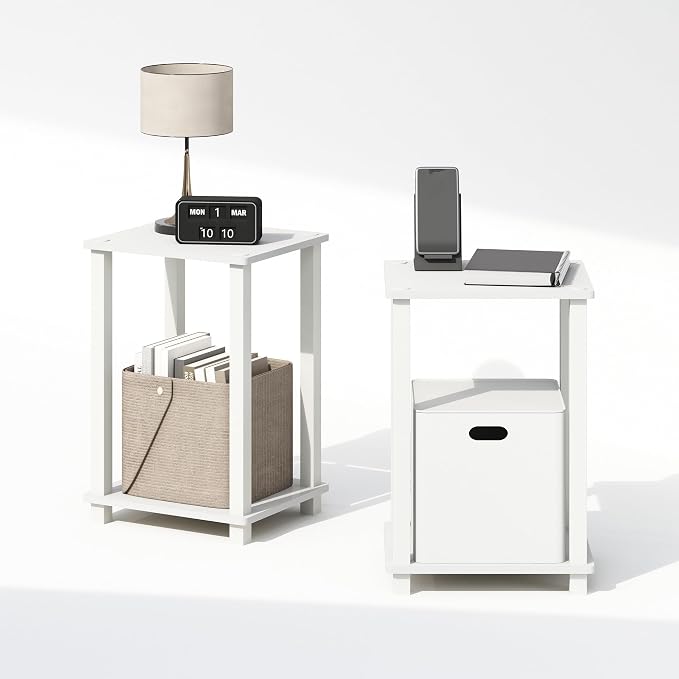Furinno Simplistic Night Stand Set of 2, 2-Tier Small Nightstand with Open Shelf, Toolless Bedside Table, End Table, Side Table, for Bedroom, Closet, Dorm, White