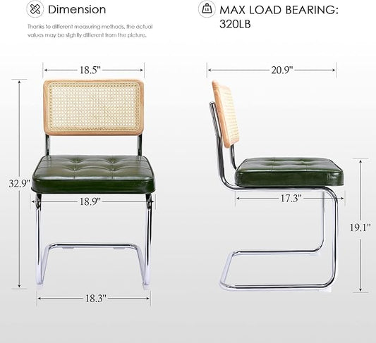 Zesthouse Natural Rattan Dining Chairs Set of 6, Mid Century Modern Dining Room Chairs with Chrome Leg, Faux Leather Kitchen Chair with Solid Wood Back & Cane Mesh, Breuer Cesca Design Inspired, Green