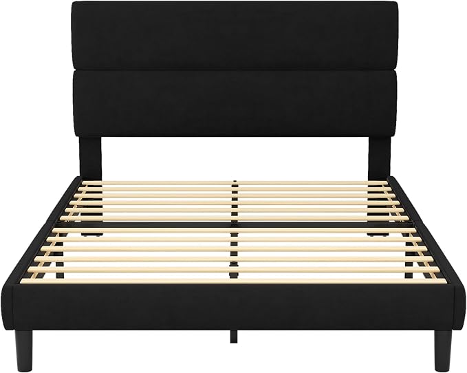 GRUSIGN Queen Size Platform Bed Frame with Velvet Headboard, Adjustable Height Wooden Slats Support, Upholstered Mattress Foundation, Fits Mattress or Mattress with Box Spring, Easy Assembly, Black