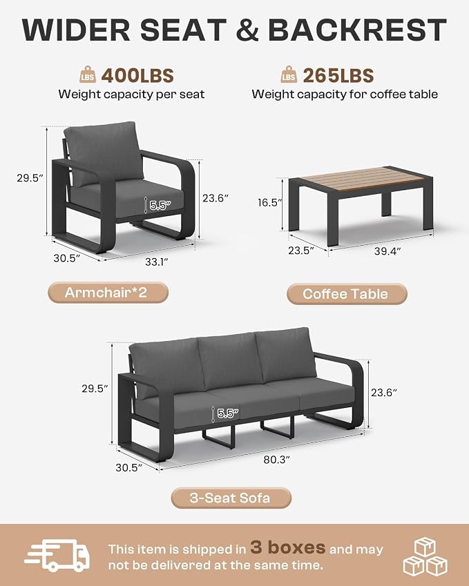Oversized Aluminum Outdoor Furniture Set, Extra Large Patio Furniture Sofa Set 4.8” Widened Armrest & Ultra-Thick Cushions, 4 Pcs Modern Patio Sectional for Backyard, Porch, Graphite