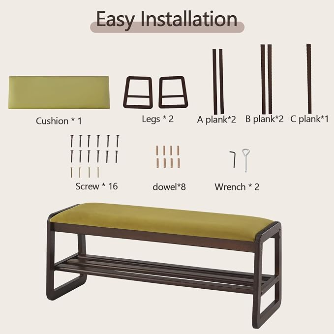 Achicsofar Shoe Rack Bench,2 Tier Solid Wooden Entryway Bench with Shoe Storage, Shoe Rack with Cushion for Living Room, Hallway(Olive Green, 39.4")