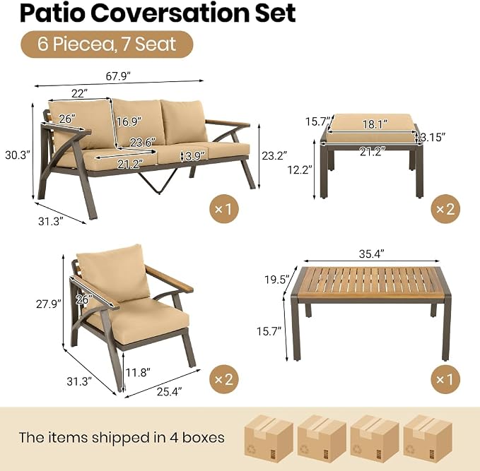 6-Piece Outdoor Patio Furniture Set, Steel Frame Sofa Set with 3-Seat Couch, 2 Armchairs, 2 Ottomans Coffee Table, Cushioned Seating for Backyard, Garden, Poolside, Brown Cushion