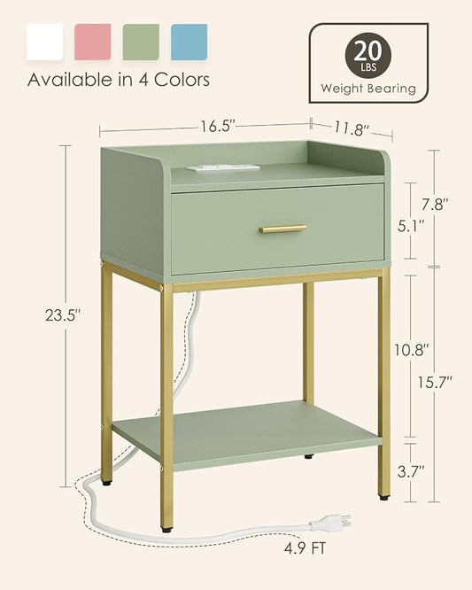 Masupu Nightstand with Charging Station,3-Tier Modern Bedside Night Stand with Storage Drawer and Shelf,Small End Side Table for Bedroom,Living Room,Gold and Green