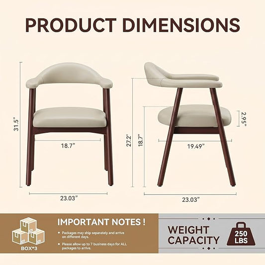 MALOL Leather Dining Chair with Armrest Set of 6, Upholstered Dining Room Chair with Curved Back and Wood Legs, Mid Century Modern Kitchen Chairs for Kitchen Dining Room,Khaki