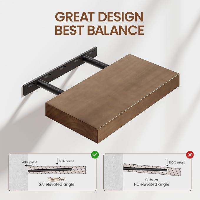 Heimlove Solid Wood Floating Shelves 16 inch, 8 Inch Deep Display Shelves Set of 2, Wall Mounted Floating Shelf with Invisible Brackets for Bathroom Bedroom Kitchen Living Room - American Walnut