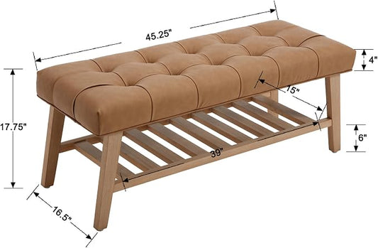 Kmax Entryway Bench with Shoe Storage, Leather Upholstered Wood Storage Bench for Living Room Window Bench for Bedroom End of Bed - PU, Brown