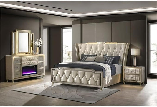Pemberly Row 4-Piece Velvet Eastern King Bedroom Set, Camel and Ivory Finish, LED Wingback Bed, Fireplace Dresser with Glass Top, USB Nightstand, Tufted Mirror, Plush Modern Design for Master Bedrooms