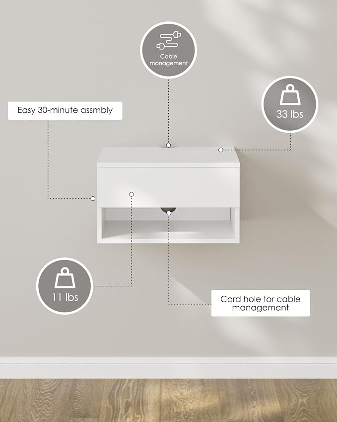 Floating Nightstand, Small Modern Floating Nightstand with Drawer, Floating Shelves for Bedroom, Bathroom (White)