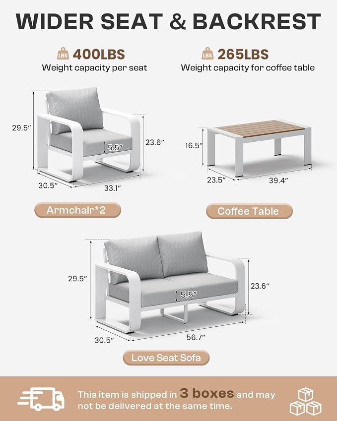 Oversized Aluminum Outdoor Furniture Set, Extra Large Patio Furniture Sofa Set 4.8” Widened Armrest & Ultra-Thick Cushions, 4 Pcs Modern Patio Sectional for Backyard, Deck, White
