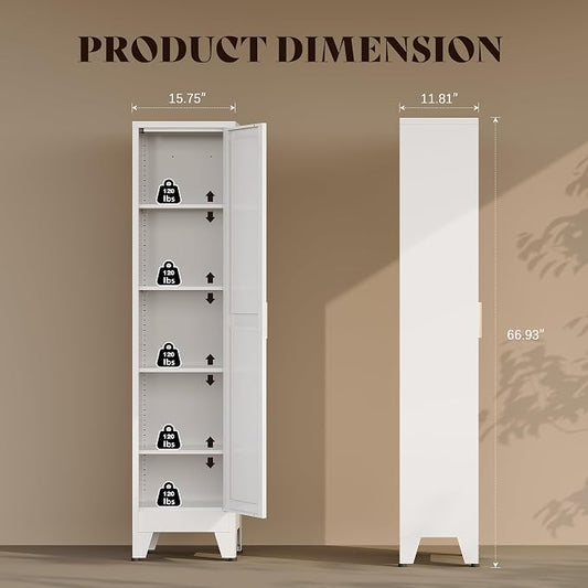 67“H Narrow Pantry Cabinet,Tall Skinny Pantry Storage Cabinet with Adjustable Shelves,Metal Narrow Kitchen Storage Cabinet,Slim and Thin Pantry Cabinets for Living Room Dining Room, White