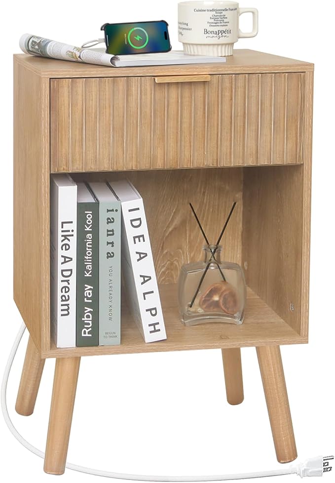Fultyle Wood Nightstand with Charging Station, Bedside Table with Fluted Drawers and Outlet, Boho Night Stand for Bedroom, Living Room, Office (Rustic Walnut)