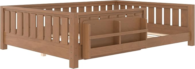 Bellemave Natural Montessori Floor Bed with Fence and Slats, Full Size Montessori Floor Bed with Bookcase and High Rails, Easy Assemble Bed Frame for Girls, Boys, Full