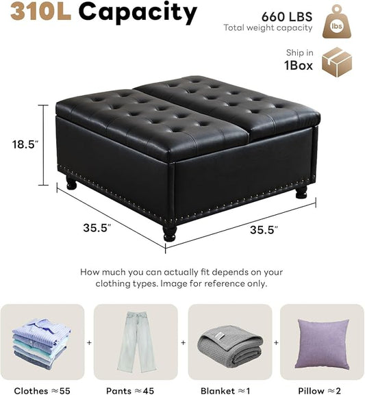 Tbfit Large Square Storage Ottoman Bench, Tufted Upholstered Coffee Table Ottomans with Lift Top & Solid Wood Legs, Oversized Storage Ottomans Toy Box for Living Room (Black)