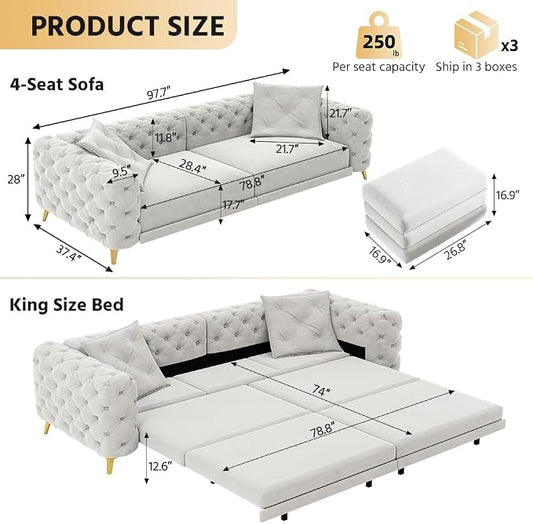 97.7'' Pull Out Sofa Bed King, Chesterfield Velvet Sleeper Sofa, Convertible L-Shaped Futon Couch, Tufted Back, Ottoman, Deep Seat Loveseat Couches for Living Room, Apartment, Light Gray