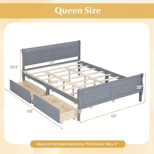 Giantex Queen Bed Frame with 2 Storage Drawers, Wood Platform Bed w/Headboard & Footboard, Wooden Slats Support Mattress Foundation, Sleigh Bedframe for Teens Adults, No Box Spring Needed (Grey)