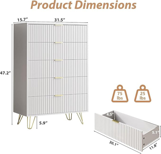 MAISONARIA 5 Drawers Dresser for Bedroom, 47" Tall Modern Chest of Drawers with Gold Handle, Fluted Wood Dresser for Bedroom, Living Room, Hallway, Entryway, White